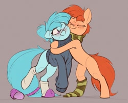 Size: 1149x928 | Tagged: safe, artist:rexyseven, imported from derpibooru, oc, oc only, oc:rusty gears, oc:whispy slippers, earth pony, pony, clothes, duo, earth pony oc, eyes closed, female, freckles, glasses, gray background, hug, mare, one eye closed, simple background, slippers, smiling, socks, striped socks, sweater