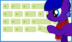 Size: 1025x597 | Tagged: safe, artist:nicogamer3000, derpibooru exclusive, imported from derpibooru, oc, oc only, oc:shock script, earth pony, pony, derpibooru, blue eyes, clothes, earth pony oc, hoof hold, hooves, male, meta, profile, scarf, show accurate, smiling, solo, stallion, striped scarf, tags, two toned mane