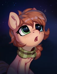 Size: 1084x1406 | Tagged: safe, artist:taneysha, imported from derpibooru, oc, oc only, oc:rusty gears, earth pony, pony, chest fluff, clothes, ear fluff, earth pony oc, eyelashes, female, freckles, heterochromia, looking up, mare, open mouth, scarf, sitting, solo