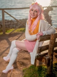 Size: 1432x1920 | Tagged: safe, artist:saru-cosplay, imported from derpibooru, fluttershy, human, clothes, cosplay, costume, crossed legs, high heels, irl, irl human, photo, shoes, sitting, stockings, thigh highs