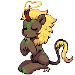 Size: 640x640 | Tagged: safe, artist:hikkage, imported from derpibooru, oc, oc only, oc:sunny glow, kirin, ambiguous gender, cloven hooves, commission, eyes closed, heart, hooves together, horn, kirin oc, open mouth, pixel art, praying, simple background, sitting, solo, white background