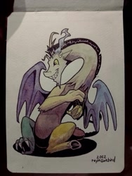 Size: 700x933 | Tagged: safe, artist:reptilianbirds, imported from derpibooru, discord, draconequus, smiling, solo, traditional art