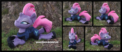 Size: 4095x1754 | Tagged: safe, artist:peruserofpieces, imported from derpibooru, tempest shadow, pony, unicorn, my little pony: the movie, armor, beanie (plushie), bodysuit, broken horn, clothes, combat armor, eye scar, female, high res, horn, irl, looking at you, lying down, mare, photo, plushie, prone, scar, smiling, smiling at you, solo, sploot, tree