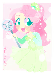 Size: 600x800 | Tagged: safe, artist:hiumatve, imported from derpibooru, fluttershy, equestria girls, equestria girls series, so much more to me, alternate hairstyle, blushing, clothes, colored pupils, cute, daaaaaaaaaaaw, dress, female, microphone, shyabetes, solo