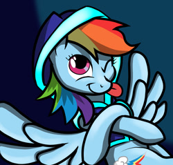 Size: 1280x1223 | Tagged: safe, artist:captainstancet, imported from derpibooru, rainbow dash, pegasus, pony, ;p, backwards cutie mark, clothes, crossed hooves, female, hoodie, mare, one eye closed, smiling, solo, tongue out, wink