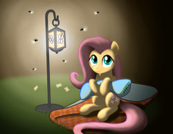 Size: 1280x993 | Tagged: safe, artist:captainstancet, imported from derpibooru, fluttershy, firefly (insect), insect, pegasus, pony, female, lantern, looking at you, mare, pillow, sitting, smiling, smiling at you, solo