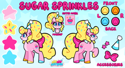 Size: 5088x2787 | Tagged: safe, artist:shyshyoctavia, imported from derpibooru, oc, oc only, oc:sugar sprinkles, earth pony, pony, birthday, bow, colored pupils, cupcake, curly hair, ear piercing, earring, eyebrows, eyebrows visible through hair, eyelashes, female, food, grin, hat, jewelry, mare, multicolored hooves, party, party hat, piercing, raised hoof, reference sheet, smiling, solo, sprinkles, tail, tail bow, yellow hair