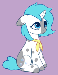 Size: 700x910 | Tagged: safe, artist:luminousdazzle, imported from derpibooru, oc, oc only, oc:soap bubbles, pony, unicorn, colored, cute, female, flat colors, horn, looking up, mare, markings, neckerchief, simple background, small horn, solo, spots