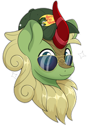 Size: 2262x3258 | Tagged: safe, artist:czu, imported from derpibooru, forest fall, kirin, aviator sunglasses, baseball cap, bass pro shop, bust, cap, cute, hat, high res, kirinbetes, looking at you, male, simple background, smiling, smiling at you, solo, sparkles, sunglasses, transparent background