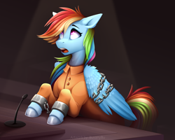 Size: 5906x4724 | Tagged: safe, artist:buvanybu, imported from derpibooru, rainbow dash, pegasus, pony, absurd resolution, bound wings, chained, chains, clothes, courtroom, cuffed, cuffs, female, mare, open mouth, prison outfit, prisoner rd, shackles, shocked, solo, wings