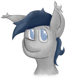 Size: 1475x1475 | Tagged: safe, artist:lil_vampirecj, imported from derpibooru, oc, oc only, oc:zephyr star, bat pony, pony, bust, fangs, looking at you, one ear down, photo, portrait, simple background, sketch, smiling, smiling at you, solo, white background