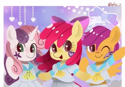 Size: 1783x1242 | Tagged: safe, artist:efuji_d, imported from derpibooru, apple bloom, scootaloo, sweetie belle, earth pony, pegasus, pony, unicorn, adorabloom, clothes, cute, cutealoo, cutie mark crusaders, diasweetes, female, filly, foal, heart eyes, sailor uniform, starry eyes, uniform, wingding eyes