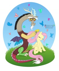 Size: 1200x1453 | Tagged: safe, artist:demico_art, imported from derpibooru, discord, fluttershy, butterfly, draconequus, pegasus, duo, eyes closed, female, flower, grass, instagram, male, mare, older, older fluttershy, sitting, smiling