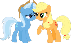 Size: 665x404 | Tagged: safe, artist:jadeharmony, artist:selenaede, imported from derpibooru, applejack, trixie, earth pony, pony, unicorn, accessory theft, applejack's hat, base used, base:selenaede, bedroom eyes, blushing, cowboy hat, duo, female, freckles, grin, hat, lesbian, looking at each other, looking at someone, raised hoof, shipping, simple background, smiling, transparent background, tripplejack