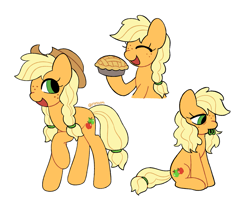 Size: 1227x1000 | Tagged: safe, artist:risswm, imported from derpibooru, applejack, earth pony, pony, apple, apple pie, applejack's hat, braid, cowboy hat, cute, female, food, freckles, hat, jackabetes, mare, pie, redesign, simple background, sitting, solo, white background