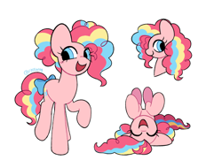 Size: 1280x974 | Tagged: safe, artist:risswm, imported from derpibooru, pinkie pie, earth pony, pony, bow, female, lying down, mare, on back, open mouth, open smile, redesign, simple background, smiling, solo, tail, tail bow, white background