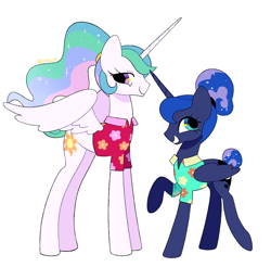 Size: 1016x1000 | Tagged: safe, artist:risswm, imported from derpibooru, princess celestia, princess luna, alicorn, pony, between dark and dawn, alternate hairstyle, clothes, duo, female, hawaiian shirt, looking away, mare, royal sisters, shirt, siblings, simple background, sisters, smiling, white background