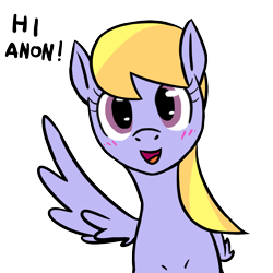 Size: 1024x1024 | Tagged: safe, artist:anonymous, cloud kicker, pegasus, pony, blushing, implied anon, looking at you, open mouth, simple background, smiling, waving, white background, wing wave