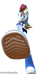 Size: 2160x3840 | Tagged: safe, artist:shrunkengts, imported from derpibooru, rainbow dash, equestria girls, 3d, boots, female, giantess, high heel boots, low angle, macro, shoes, simple background, solo, transparent background