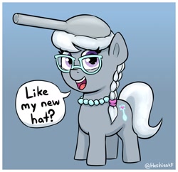 Size: 1514x1464 | Tagged: safe, artist:heretichesh, imported from derpibooru, silver spoon, earth pony, pony, cute, dialogue, female, filly, foal, glasses, gradient background, jewelry, necklace, pearl necklace, solo, speech bubble, spoon, talking to viewer