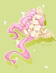 Size: 1500x1950 | Tagged: safe, artist:qamar, imported from derpibooru, fluttershy, butterfly, pegasus, pony, :p, blushing, chest fluff, colored hooves, cute, daaaaaaaaaaaw, ear fluff, eyes closed, female, frog (hoof), green background, mare, shyabetes, simple background, solo, tongue out, underhoof