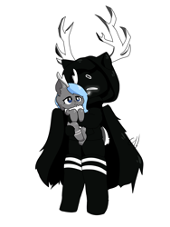 Size: 3075x4096 | Tagged: safe, artist:chainedbozu, imported from derpibooru, oc, oc only, oc:nappy, oc:two2sleepy, anthro, deer, deer pony, original species, peryton, pony, anthro with ponies, antlers, clothes, duo, furry, holding a pony, hoodie, hug, roblox, simple background, socks, thigh highs, transparent background, void, wings