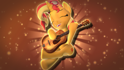 Size: 3840x2160 | Tagged: safe, artist:nebby14, imported from derpibooru, sunset shimmer, pony, unicorn, equestria girls, 3d, cute, guitar, musical instrument, shimmerbetes, solo, source filmmaker, stars, sunglasses