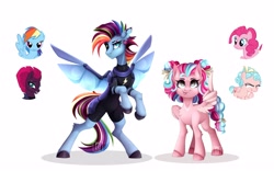 Size: 4096x2560 | Tagged: safe, artist:buvanybu, imported from derpibooru, cozy glow, fizzlepop berrytwist, pinkie pie, rainbow dash, tempest shadow, pegasus, pony, alternate hairstyle, artificial wings, augmented, bipedal, bow, cute, eye scar, eyepatch, freckles, fusion, hair bow, high res, lidded eyes, lightning, looking at you, mechanical wing, scar, simple background, skinsuit, smiling, smiling at you, spread wings, tongue out, white background, wings