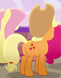 Size: 477x610 | Tagged: safe, imported from derpibooru, screencap, applejack, fluttershy, pinkie pie, earth pony, pony, rainbow roadtrip, applejack's hat, butt, cowboy hat, cropped, hat, plot