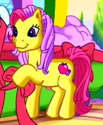 Size: 272x328 | Tagged: safe, imported from derpibooru, screencap, apple spice, bowtie (g3), earth pony, pony, the princess promenade, cropped, cute, dexterous hooves, female, friendship and flowers, g3, garden, mare, offscreen character, parade, ribbon, smiling, solo, solo focus, spiceabetes