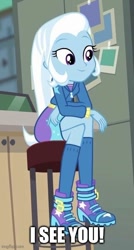 Size: 347x646 | Tagged: safe, edit, edited screencap, imported from derpibooru, screencap, trixie, equestria girls, equestria girls series, forgotten friendship, caption, clothes, female, i see you, shoes, socks, solo, text