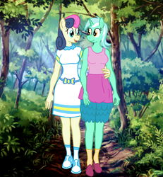 Size: 1080x1171 | Tagged: safe, artist:ledorean, imported from derpibooru, bon bon, lyra heartstrings, sweetie drops, anthro, earth pony, plantigrade anthro, pony, unicorn, clothes, duo, equestria girls outfit, female, forest, lesbian, looking at each other, looking at someone, lyrabon, mare, phone drawing, shipping