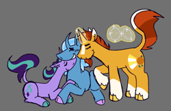 Size: 640x417 | Tagged: safe, artist:tezzbot, imported from derpibooru, starlight glimmer, sunburst, trixie, pony, unicorn, bisexual, cloven hooves, cuddling, eyes closed, female, leonine tail, lesbian, lesbian in front of boys, male, polyamory, shipping, smiling, startrixburst, straight, tail, throuple