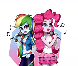 Size: 2000x1700 | Tagged: safe, artist:nekojackun, imported from derpibooru, pinkie pie, rainbow dash, equestria girls, duo, duo female, female, microphone, music notes, pinkie pie's superior outfit, simple background, singing, white background