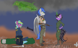 Size: 4951x3034 | Tagged: safe, artist:shade stride, imported from derpibooru, oc, oc:lavender sprout, oc:shade stride, oc:whisper stream, anthro, bat pony, unicorn, fallout equestria, backpack, bat pony oc, bat wings, clothes, facing each other, group, gun, handgun, jumpsuit, light machine gun, magic, magic aura, outdoors, pistol, shotgun, sitting, standing, sword, text, vault suit, weapon, wings