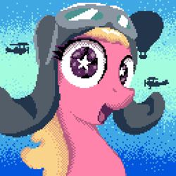 Size: 512x512 | Tagged: safe, artist:anonymous, imported from derpibooru, cherry berry, earth pony, pony, aviator goggles, aviator hat, female, goggles, hat, hot air balloon, looking at you, mare, pixel art, plane, smiling, solo, starry eyes, wingding eyes