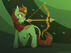 Size: 1600x1200 | Tagged: safe, artist:willoillo, imported from derpibooru, oc, oc only, oc:meadow glade, kirin, fallout equestria, arrow, bow, bow (weapon), bow and arrow, commission, fallout equestria: guardians of the wastes, female, glowing, glowing horn, horn, kirin oc, magic, magic aura, one eye closed, raised hoof, solo, teeth, telekinesis, weapon