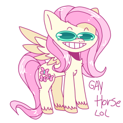 Size: 2048x2048 | Tagged: safe, artist:oniixide, imported from derpibooru, fluttershy, pegasus, pony, female, implied gay, lol, simple background, solo, text, trolling, unshorn fetlocks, white background, wide eyes