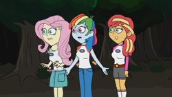 Size: 1280x720 | Tagged: safe, imported from derpibooru, fluttershy, rainbow dash, sunset shimmer, equestria girls, camp everfree outfits, eddy misbehaves at camp goville, female, flutterdash, forest, goanimate, lesbian, scared, shaking, shipping, talking, trio, worried