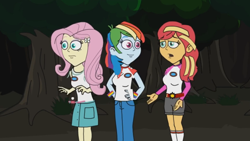 Size: 1280x720 | Tagged: safe, imported from derpibooru, fluttershy, rainbow dash, sunset shimmer, equestria girls, camp everfree outfits, eddy misbehaves at camp goville, female, flutterdash, forest, goanimate, lesbian, scared, shaking, shipping, talking, trio, turned head