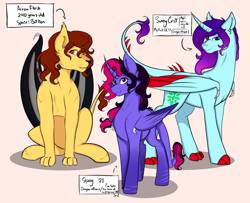 Size: 2672x2172 | Tagged: safe, artist:shamy-crist, imported from derpibooru, oc, oc only, oc:arrow flash, oc:shamy, oc:sunny crist, alicorn, dracony, dragon, hybrid, pony, female, heterochromia, high res, hybrid oc, looking at you, mare, pink background, simple background, smiling, smiling at you, trio