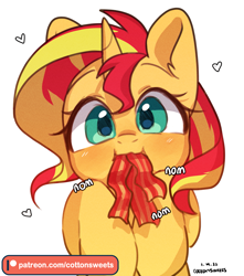 Size: 1949x2204 | Tagged: safe, artist:cottonsweets, imported from derpibooru, sunset shimmer, pony, unicorn, equestria girls, adorable face, bacon, bacon hair, bust, cute, dated, eating, female, floating heart, food, heart, high res, hooves to the chest, horn, looking at you, mare, meat, nom, omnivore sunset, patreon, patreon link, patreon logo, ponies eating meat, shimmerbetes, signature, simple background, solo, subversion, subverted meme, sunset wants her old digestive system back, weapons-grade cute, white background
