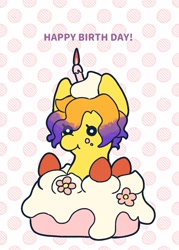 Size: 1829x2552 | Tagged: safe, artist:tao_yamata, imported from derpibooru, oc, oc only, oc:moth, earth pony, pony, birthday candles, cake, candle, female, food, happy birthday, mare, polka dot background, ponies in food, smiling, solo