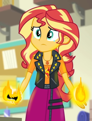 Size: 783x1024 | Tagged: safe, editor:horsesplease, imported from derpibooru, sunset shimmer, equestria girls, equestria girls series, holidays unwrapped, spoiler:eqg series (season 2), crying, fiery shimmer, fire, o come all ye squashful, pyromancy, pyromaniac, sad