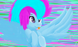 Size: 1420x868 | Tagged: safe, artist:janeblood969, imported from derpibooru, oc, oc only, oc:stacey lightning dash, pegasus, pony, :p, abstract background, cute, female, happy, mare, ocbetes, pegasus oc, smiling, solo, spread wings, tongue out, wings