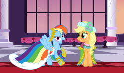 Size: 3856x2272 | Tagged: safe, artist:philiptomkins, artist:sapphirebeam, artist:sugarcubecreationz, imported from derpibooru, applejack, rainbow dash, earth pony, pegasus, pony, appledash, blushing, clothes, dress, duo, embarrassed, female, gala dress, high res, lesbian, rainbow dash always dresses in style, shipping, spread wings, wings