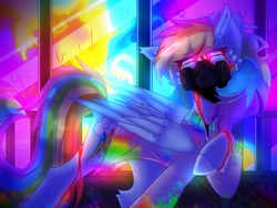 Size: 2048x1536 | Tagged: safe, artist:oniixide, imported from derpibooru, rainbow dash, pegasus, pony, fanfic:rainbow factory, cheek fluff, fanfic art, rainbow factory dash, respirator, solo