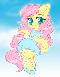 Size: 2200x2800 | Tagged: safe, artist:etoz, imported from derpibooru, fluttershy, pegasus, pony, semi-anthro, bipedal, blushing, bow, clothes, colored pupils, cute, daaaaaaaaaaaw, dress, eyebrows, eyebrows visible through hair, female, high res, looking at you, mare, shyabetes, sky, smiling, smiling at you, wingding eyes, wings