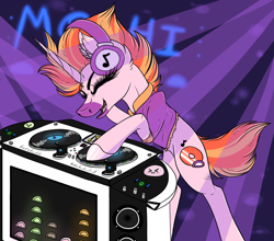 Size: 4248x3733 | Tagged: safe, artist:beamybutt, imported from derpibooru, oc, oc only, pony, unicorn, abstract background, ear fluff, eyes closed, headphones, hoof polish, horn, smiling, solo, turntable, unicorn oc