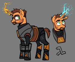 Size: 1232x1022 | Tagged: safe, artist:gearbroth, imported from derpibooru, pony, unicorn, facial hair, glasses, gordon freeman, gray background, half-life, hev suit, magic, male, ponified, signature, simple background, solo, stallion